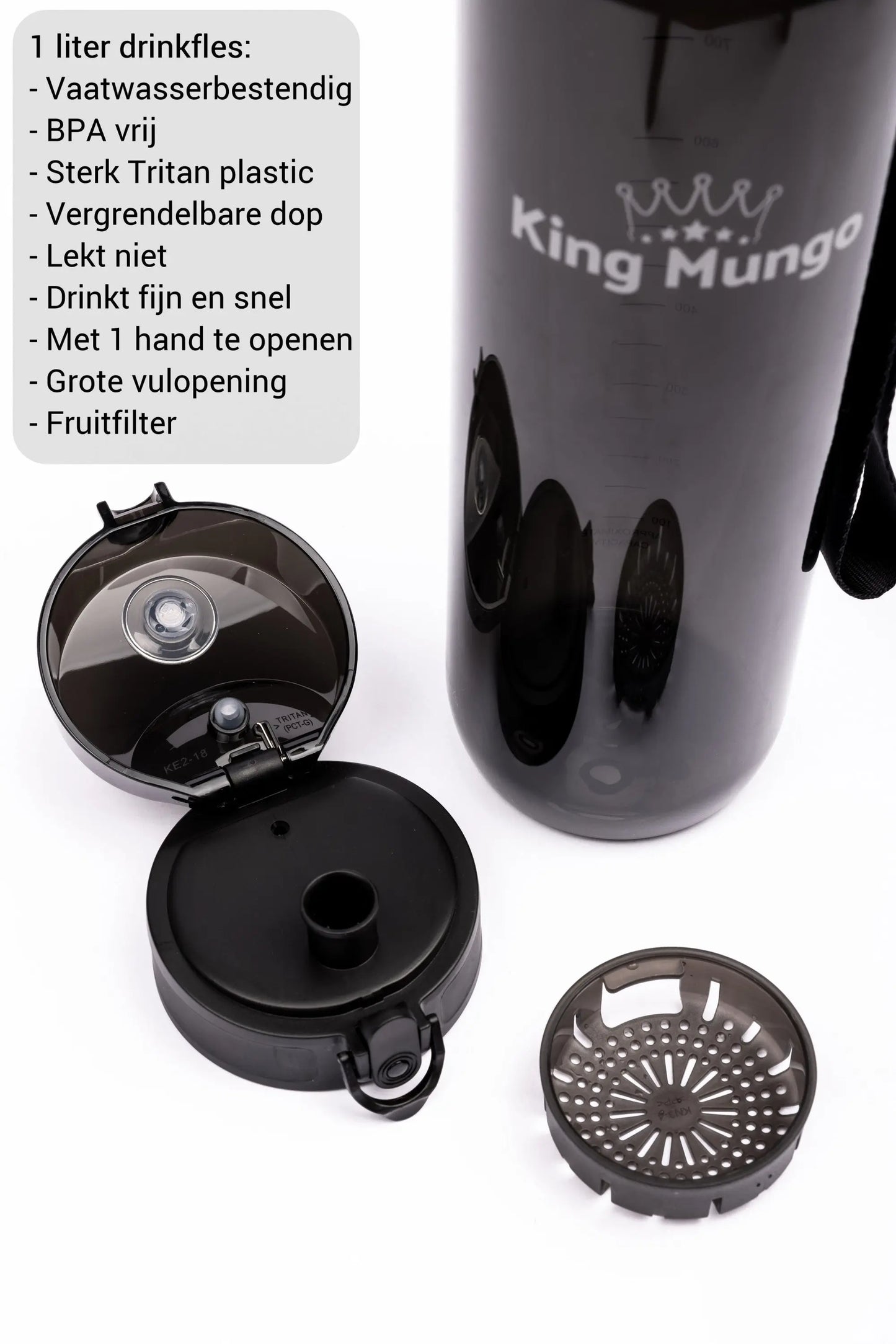 Drinkfles 1 Liter Zwart King Mungo