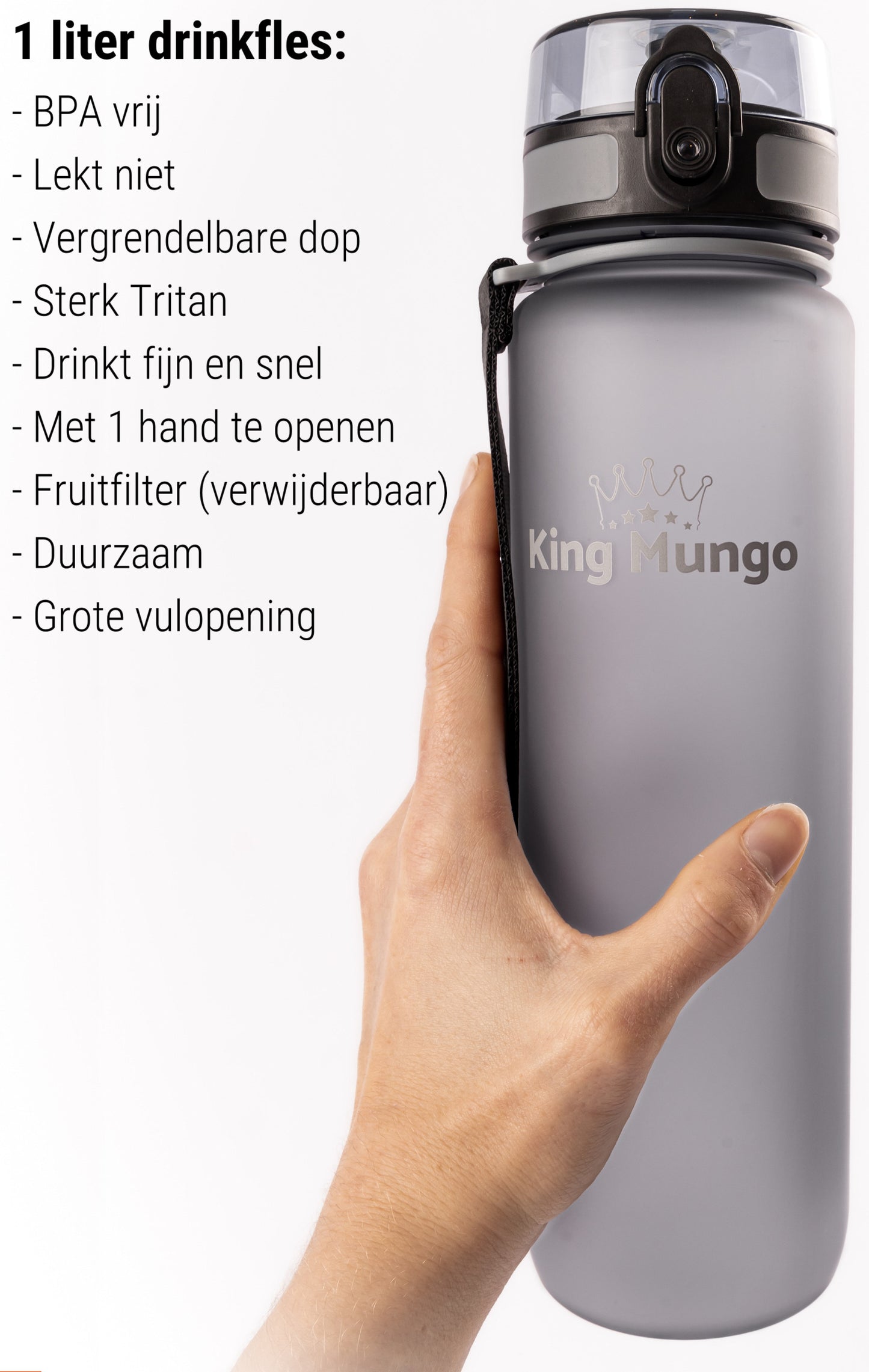 Drinkfles 1 Liter Grijs - Lekvrij - BPA vrij - Waterfles 1 liter Drinkbus - Drinkflessen King Mungo - Waterflessen Volwassenen Kinderen