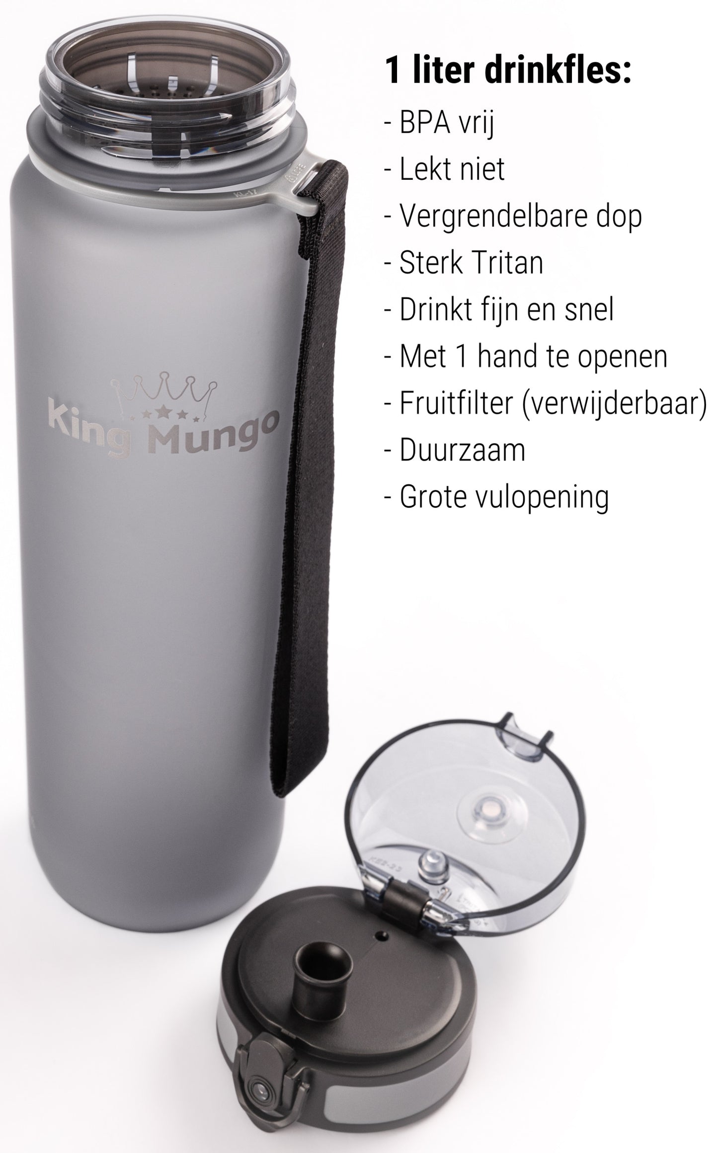 Drinkfles 1 Liter Grijs - Lekvrij - BPA vrij - Waterfles 1 liter Drinkbus - Drinkflessen King Mungo - Waterflessen Volwassenen Kinderen