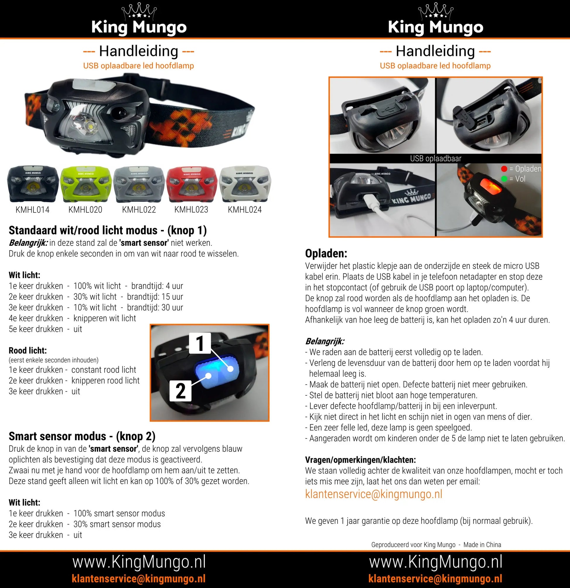 Hoofdlamp LED Oplaadbaar - 1200mAh King Mungo