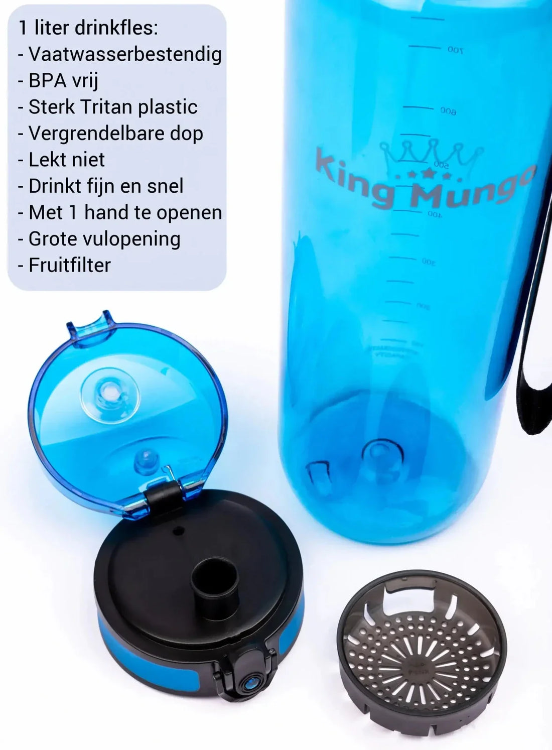 King Mungo BPA-vrije Tritan drinkfles 1 liter transparant blauw zonder bisfenol A veilig voor dagelijks gebruik