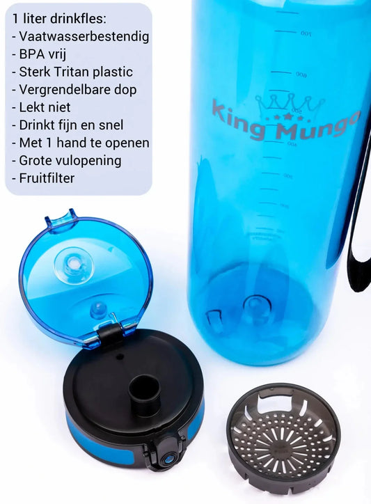King Mungo BPA-vrije Tritan drinkfles 1 liter transparant blauw zonder bisfenol A veilig voor dagelijks gebruik