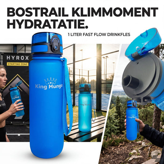 King Mungo drinkfles 1 liter mat blauw soft-touch grip BPA-vrij Tritan beste sportdrinkfles Padel Hyrox