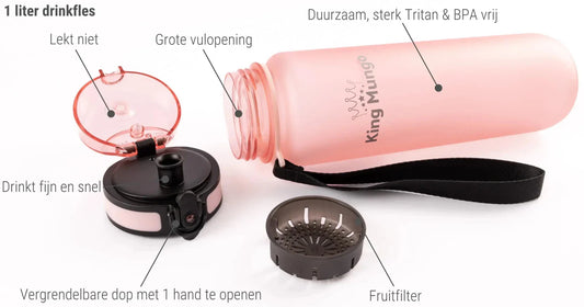Gedetailleerd diagram van de geopende King Mungo 1 liter roze sportfles, tonende specialisme in engineering voor lekvrije prestaties, snelle flow en onverwoestbaar Tritan.