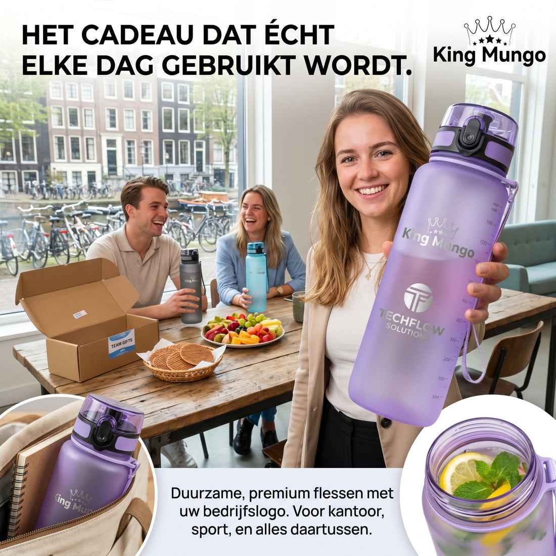 Blij personeel die allemaal een nuttige drinkfles van King Mungo gekregen hebben, 2 staan er op tafel, een wordt door vrouw getoond aan camera.