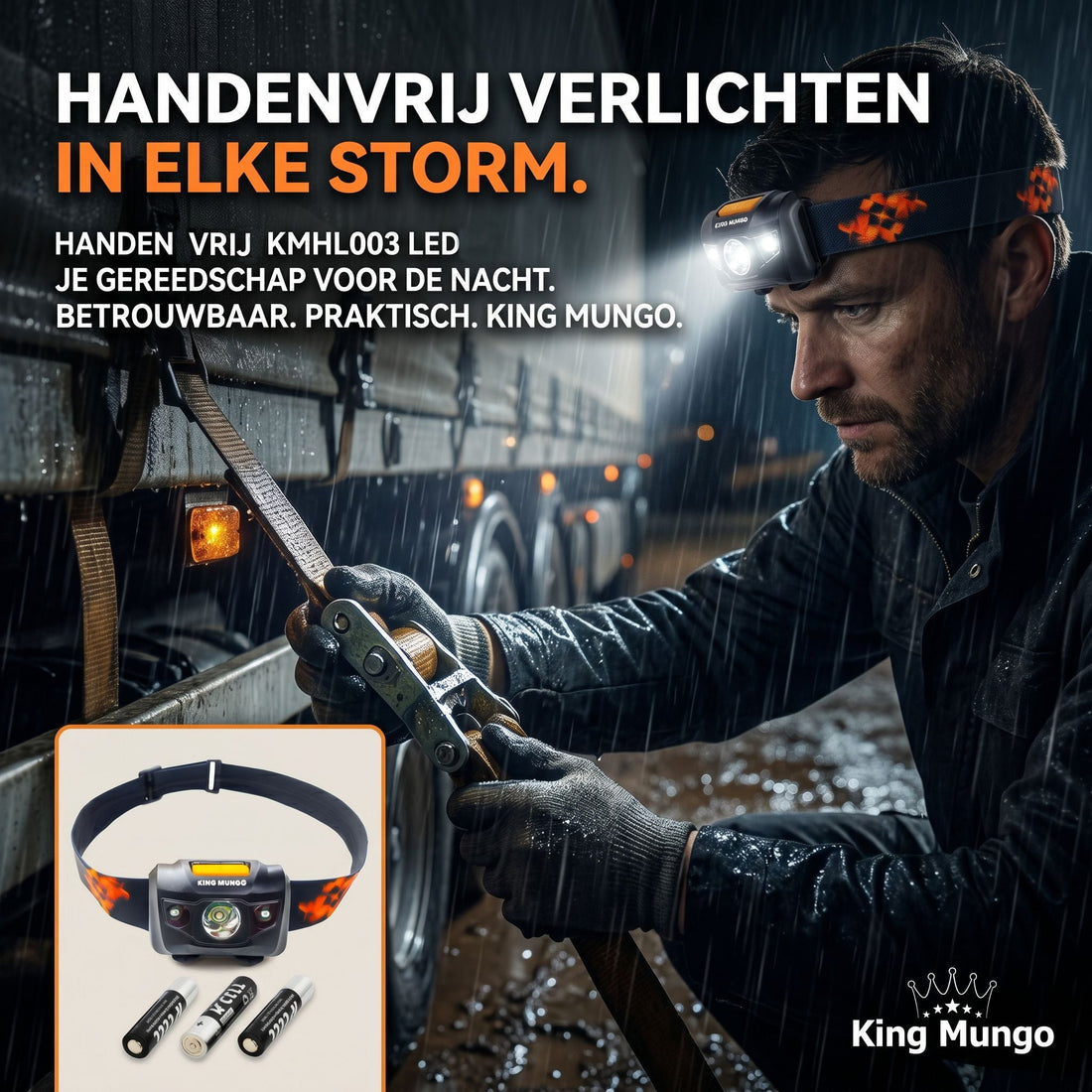 King Mungo KMHL003 hoofdlamp 160 lumen IPX6 voor buitenfestival opbouw afbouw bij regen