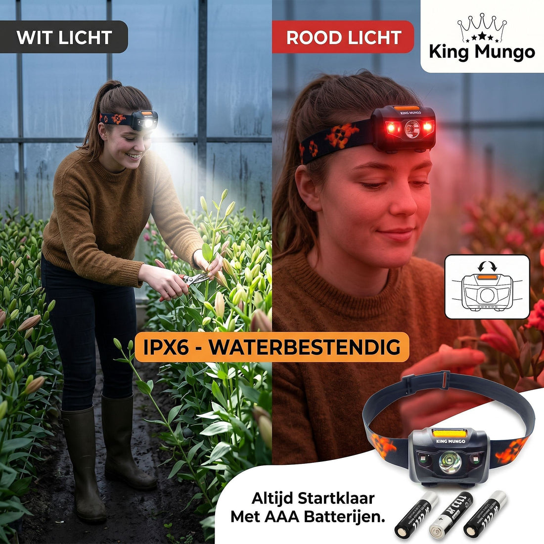 King Mungo KMHL003 LED hoofdlamp 160 lumen voor tuinders in kassen waterdicht IPX6 rood en wit licht