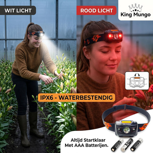 King Mungo KMHL003 LED hoofdlamp 160 lumen voor tuinders in kassen waterdicht IPX6 rood en wit licht