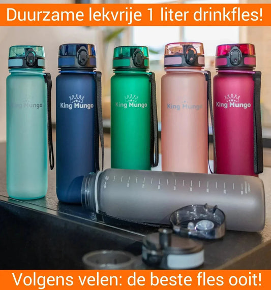 Vergelijking tussen de King Mungo 1 liter drinkfles en andere bekende merken op een rij.