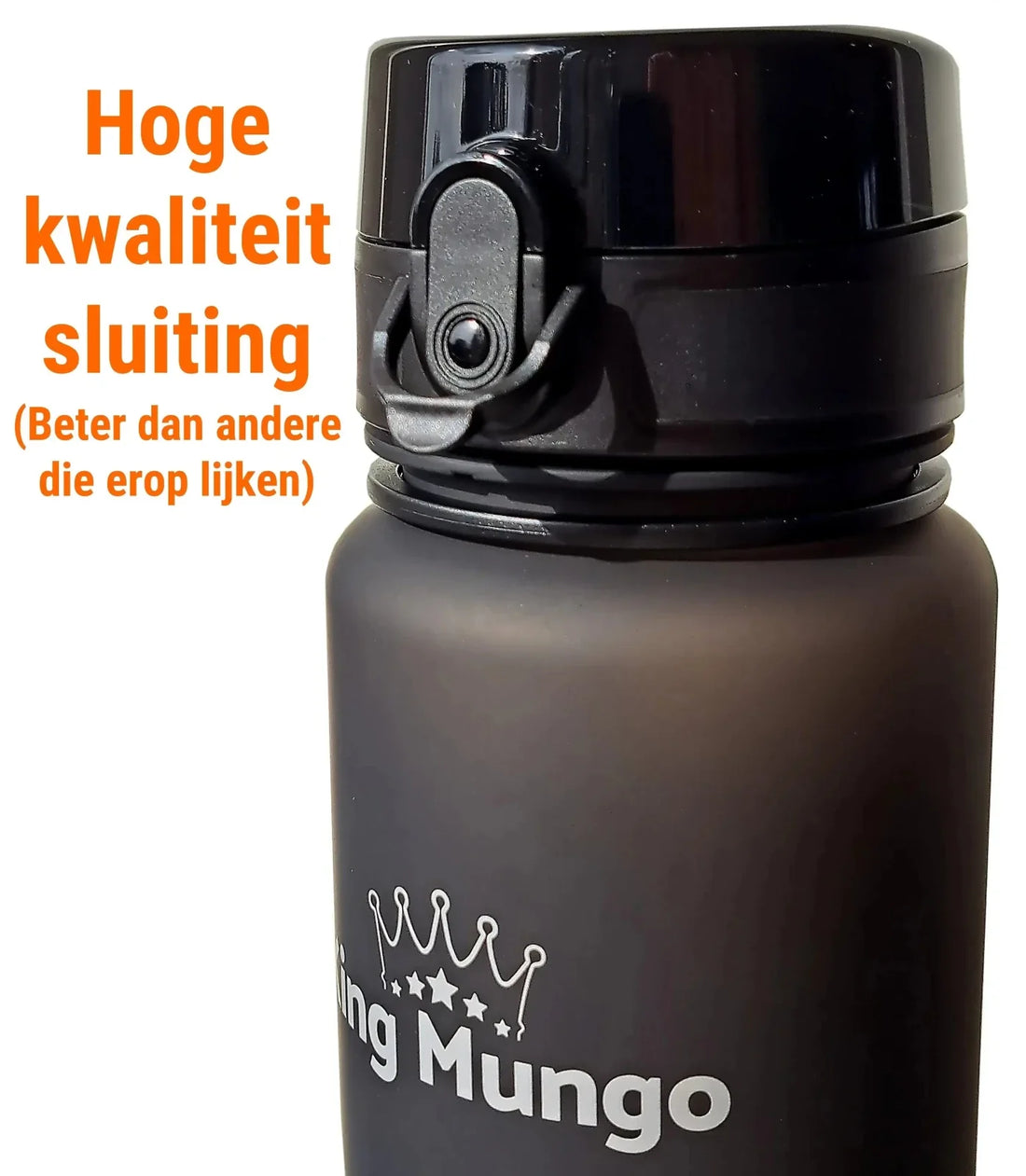 King Mungo 1 liter drinkfles in mat zwart met handige klikdop en tijdloze uitstraling.