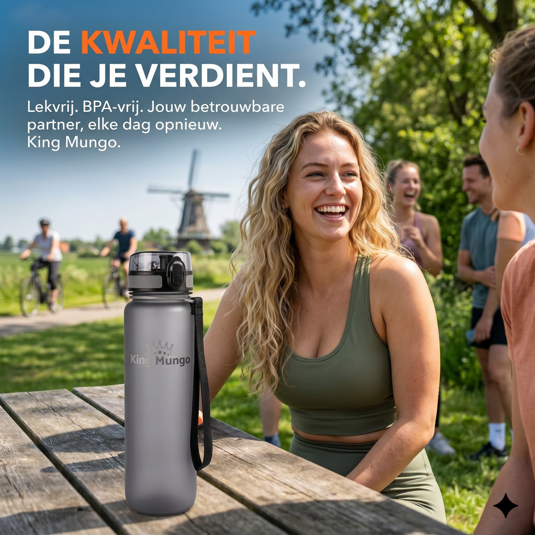 Gepersonaliseerde King Mungo drinkfles prominent op een kantoorbureau als stimulans voor het vitaliteitsbeleid van het personeel.