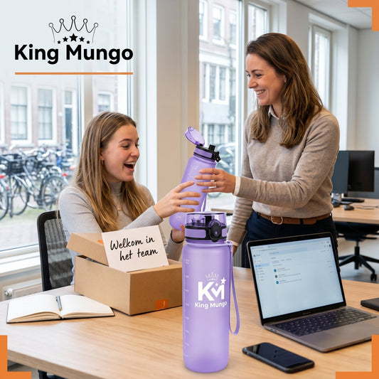 Luxe King Mungo drinkfles in een opvallende bedrijfskleur met een gepersonaliseerd logo als ultiem relatiegeschenk voor personeel.