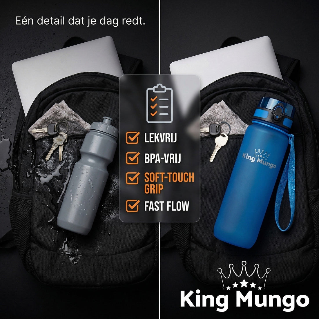Vergelijking van een grijze lekkende fles die een laptop rugzak nat maakt tegenover een blauwe King Mungo lekvrije sportfles die veilig en droog blijft.