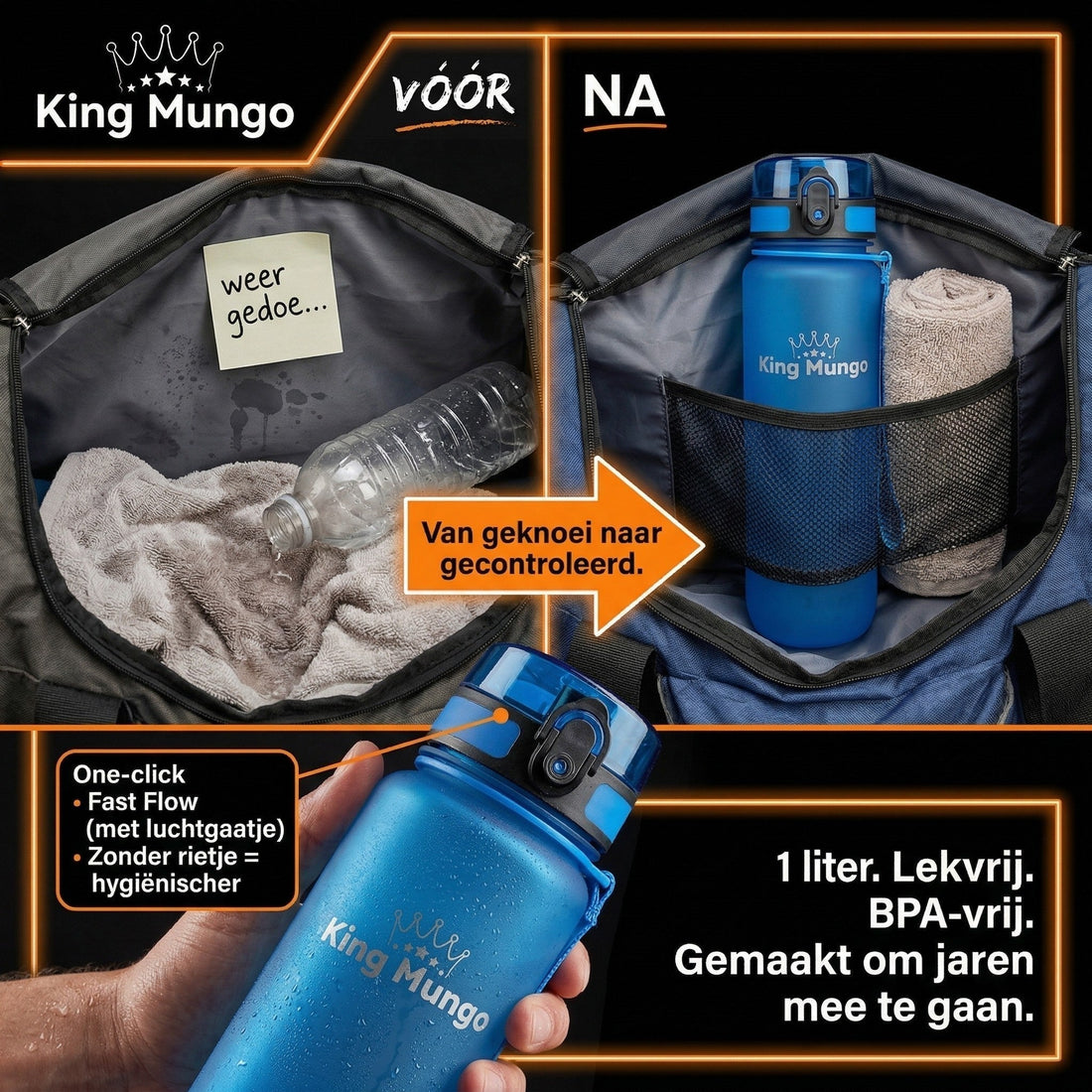 Vergelijking van een natte sporttas door een lekkende fles versus de gecontroleerde King Mungo 1 liter lekvrije sportfles in mat blauw. Toont de one_click dop en het hygiënische ontwerp zonder rietje.
