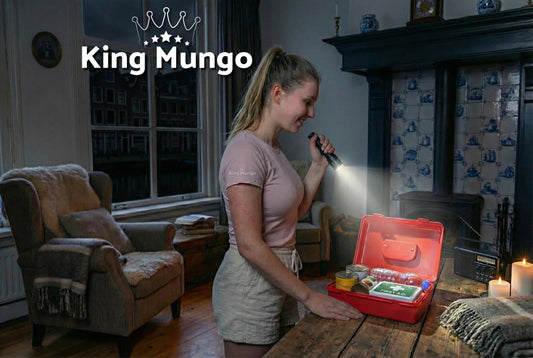 Gepersonaliseerde relatiegeschenken en personeelsgeschenk, zaklamp in hand vrouw tijdens stroomuitval, kijkend in een noodpakket.