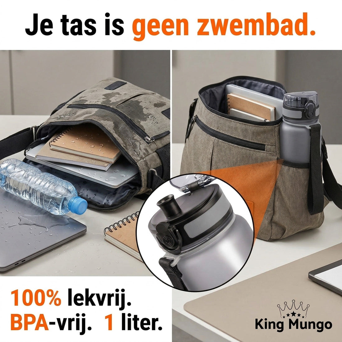 Vergelijking tussen een natte rugzak door een lekkende wegwerpfles en een droge tas met een 100 procent lekvrije King Mungo 1 liter drinkfles in het zijvak.