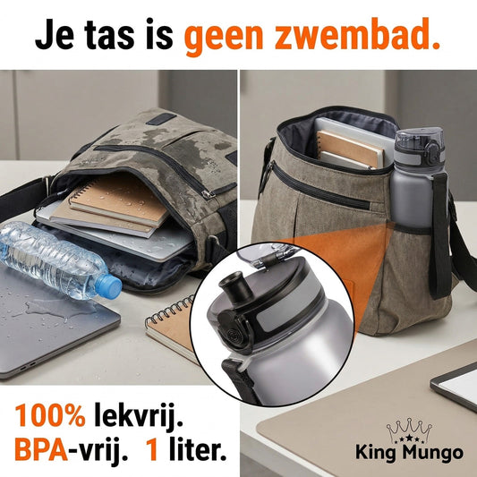 Vergelijking tussen een natte rugzak door een lekkende wegwerpfles en een droge tas met een 100 procent lekvrije King Mungo 1 liter drinkfles in het zijvak.