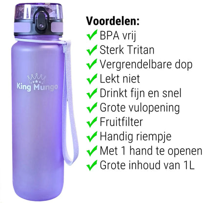 Drinkfles 1 Liter - Lekvrije Drinkbus - Tritan Lila - 100% lekvrij en BPA - vrij - King Mungo