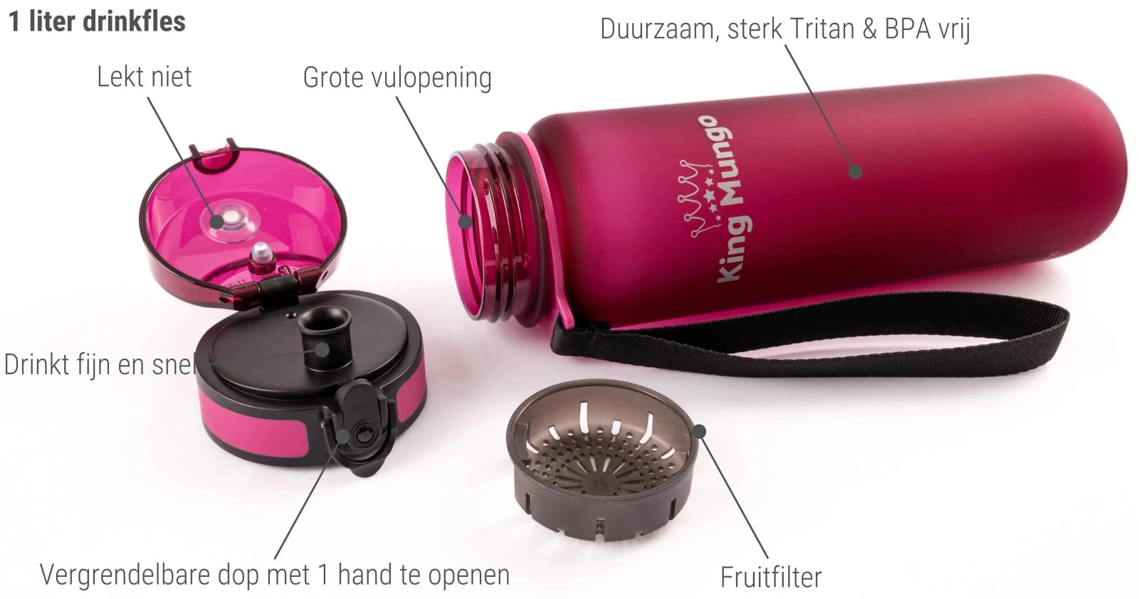 Drinkfles 1 Liter PaarsRood - King Mungo
