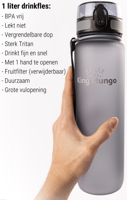 Drinkfles 1 Liter Grijs - Lekvrij - BPA vrij - Waterfles 1 liter Drinkbus - Drinkflessen King Mungo - Waterflessen Volwassenen Kinderen