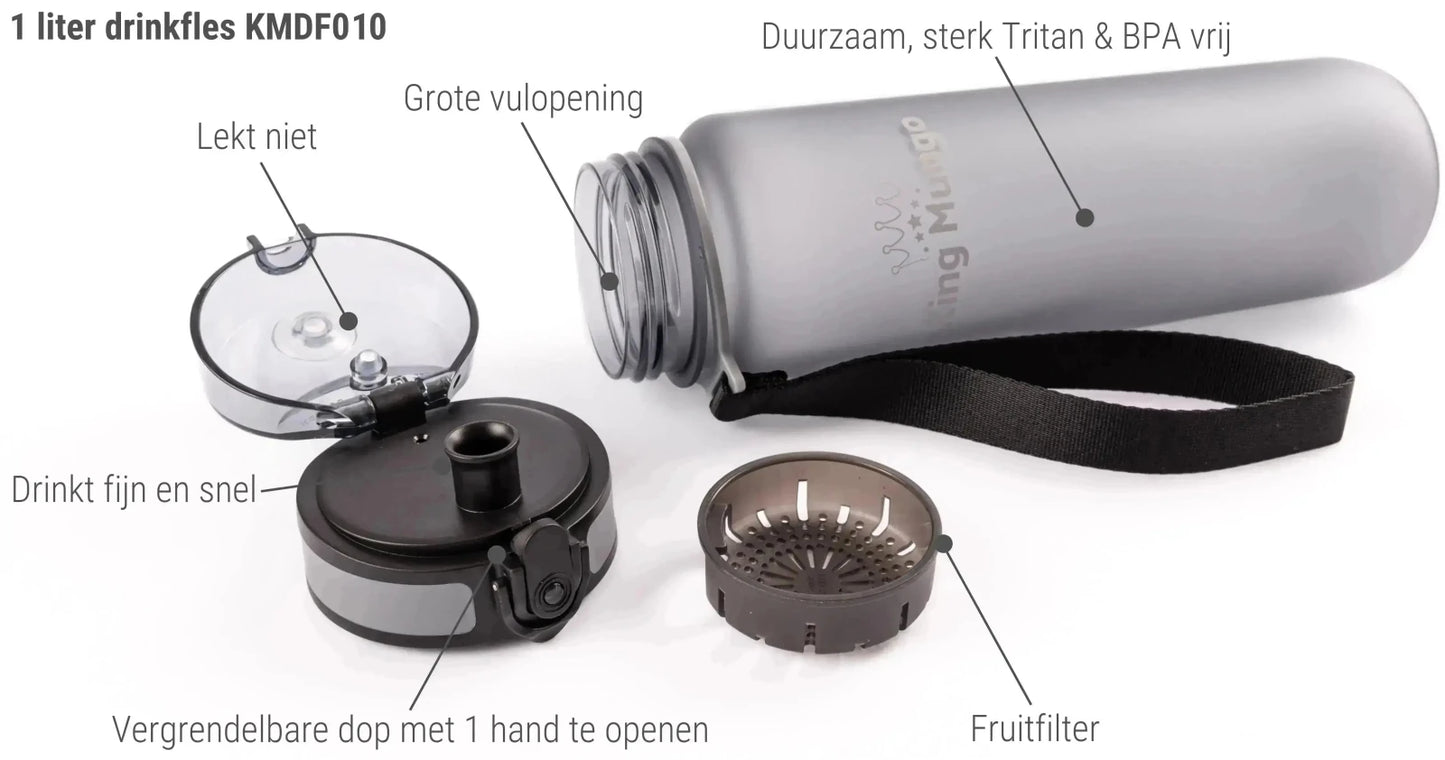Drinkfles 1 Liter Zwart - King Mungo