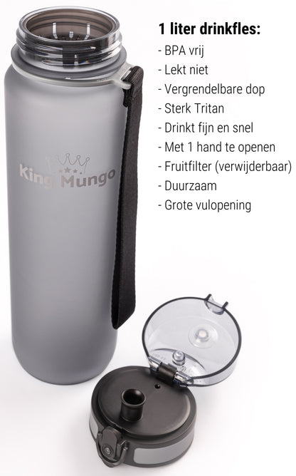 Drinkfles 1 Liter Grijs - Lekvrij - BPA vrij - Waterfles 1 liter Drinkbus - Drinkflessen King Mungo - Waterflessen Volwassenen Kinderen
