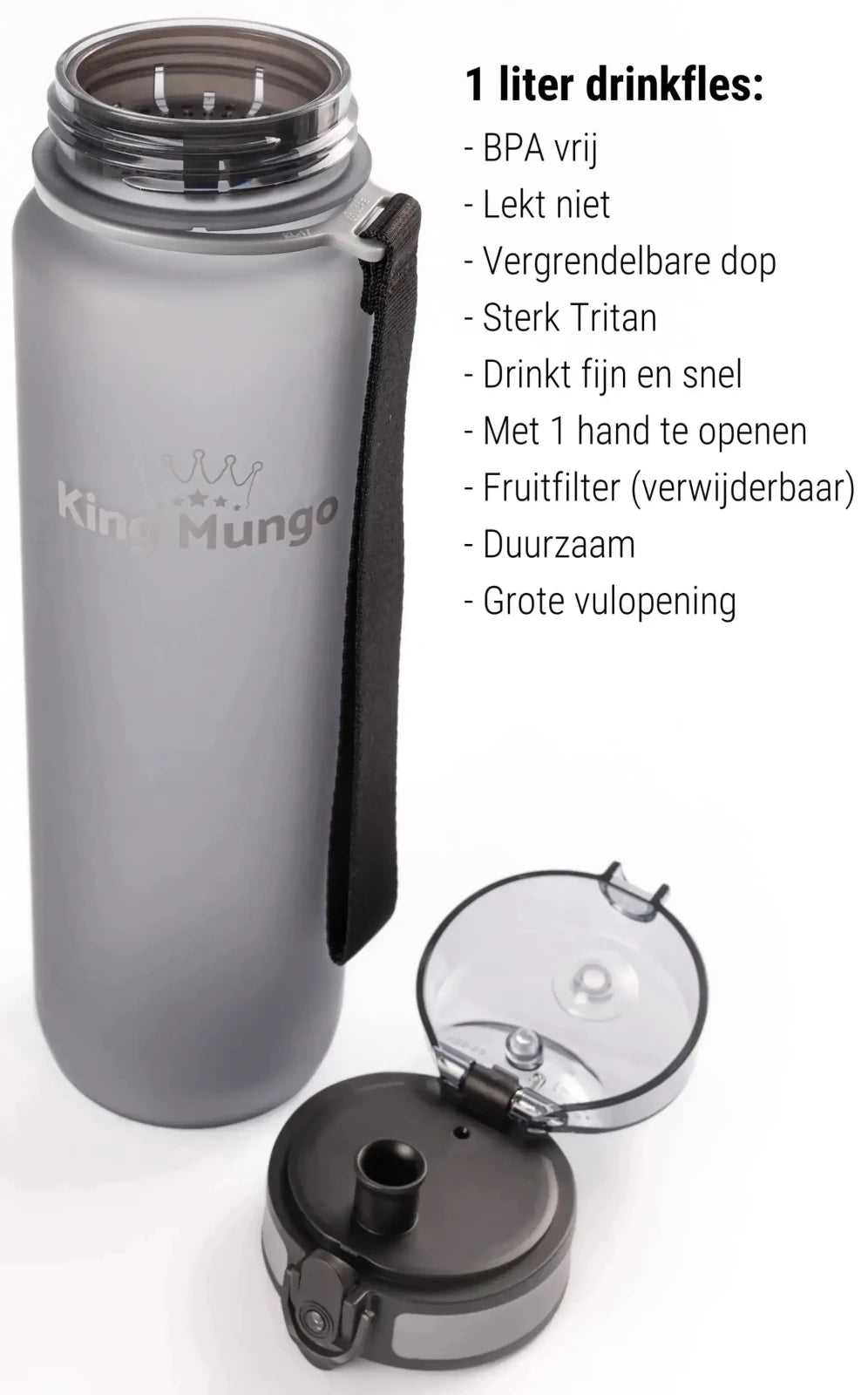 Drinkfles 1 Liter Mat Grijs - Lekvrij & BPA - vrij Tritan - King Mungo