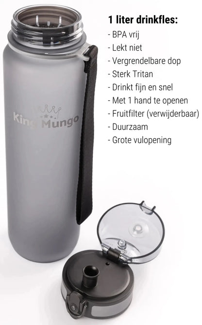 Drinkfles 1 Liter Mat Grijs - Lekvrij & BPA - vrij Tritan - King Mungo