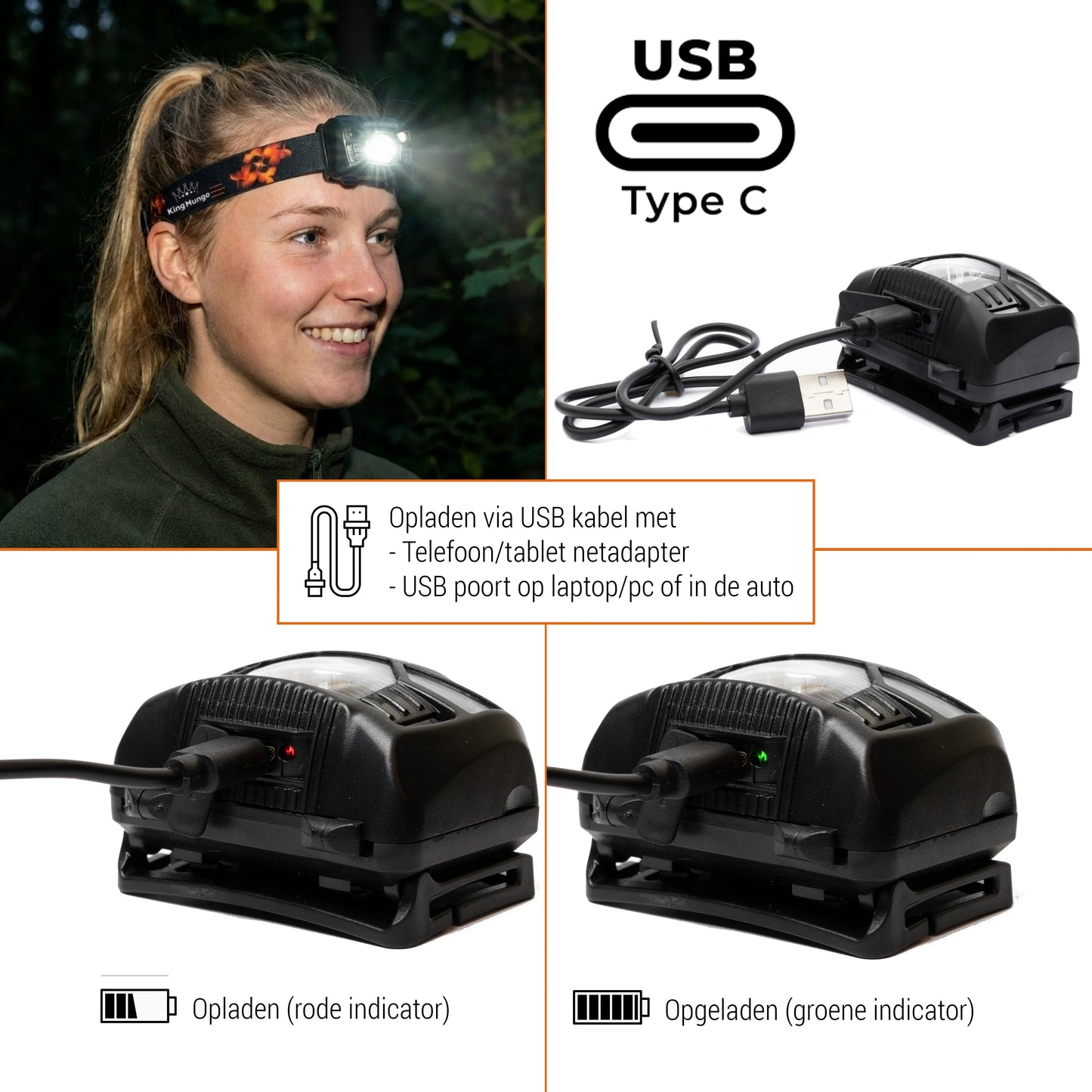 KMHL009 Oplaadbare Hoofdlamp (USB) - Met Sensor & Rood Licht - Lichtgewicht King Mungo