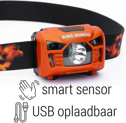 Oranje Hoofdlamp Oplaadbaar - King Mungo KMHL009 (met Sensor & Rood Licht)