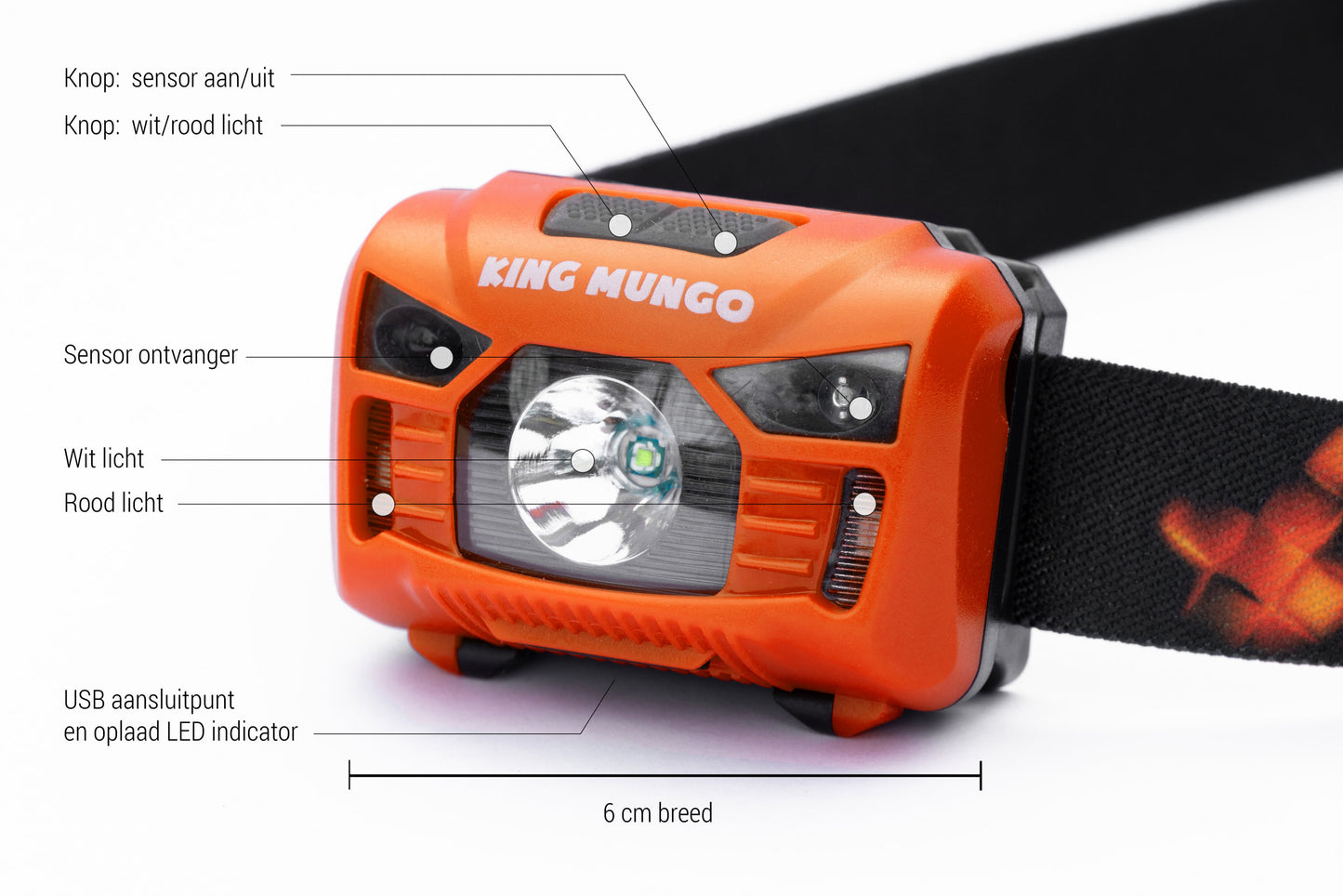 Oranje Hoofdlamp Oplaadbaar - King Mungo KMHL009 (met Sensor & Rood Licht)