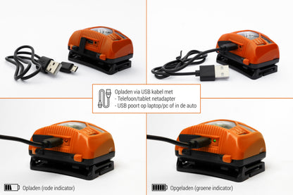 Oranje Hoofdlamp Oplaadbaar - King Mungo KMHL009 (met Sensor & Rood Licht)