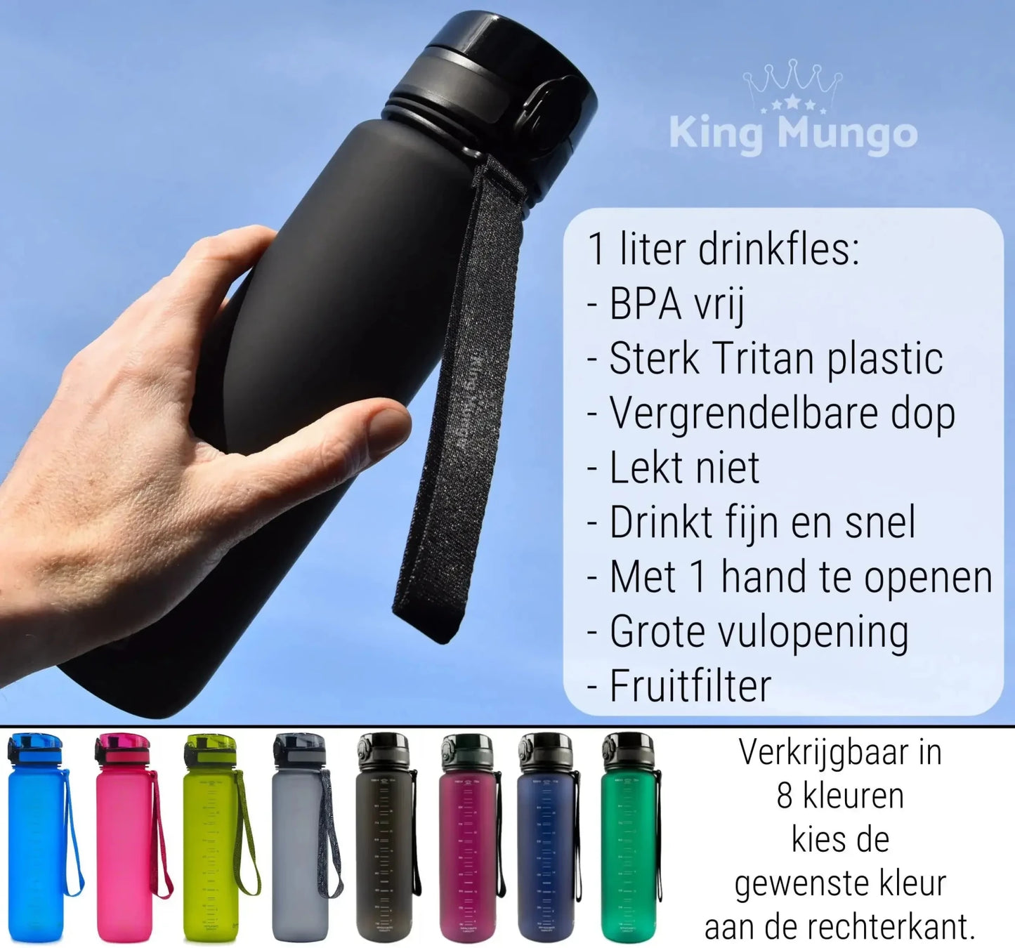 Drinkfles 1 Liter - Lekvrije Drinkbus - Tritan Mat Zwart - King Mungo
